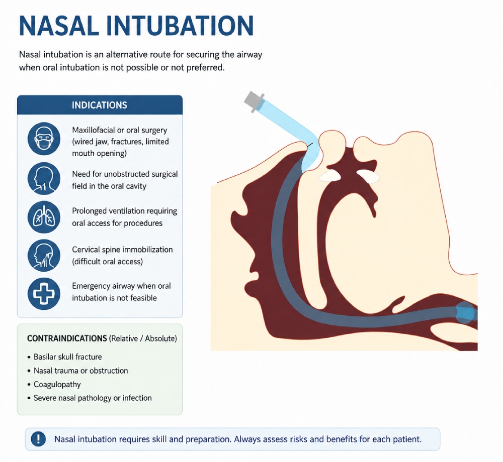 Nasal intubation infographic showing indications, contraindications, and the path of a nasotracheal tube through the nasal cavity